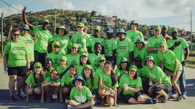 March 2016. 31 green shirts equal 31 volunteers from Canada and St. Lucia at the Rainforest of Reading wrap-up. image