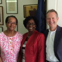 Flanked by Leonise Francois (left) and Richard Clewes (right), Former Governor General Dame Pearlette Louisy advocates for greater literacy in St Lucia as our Distinguished Patron. image